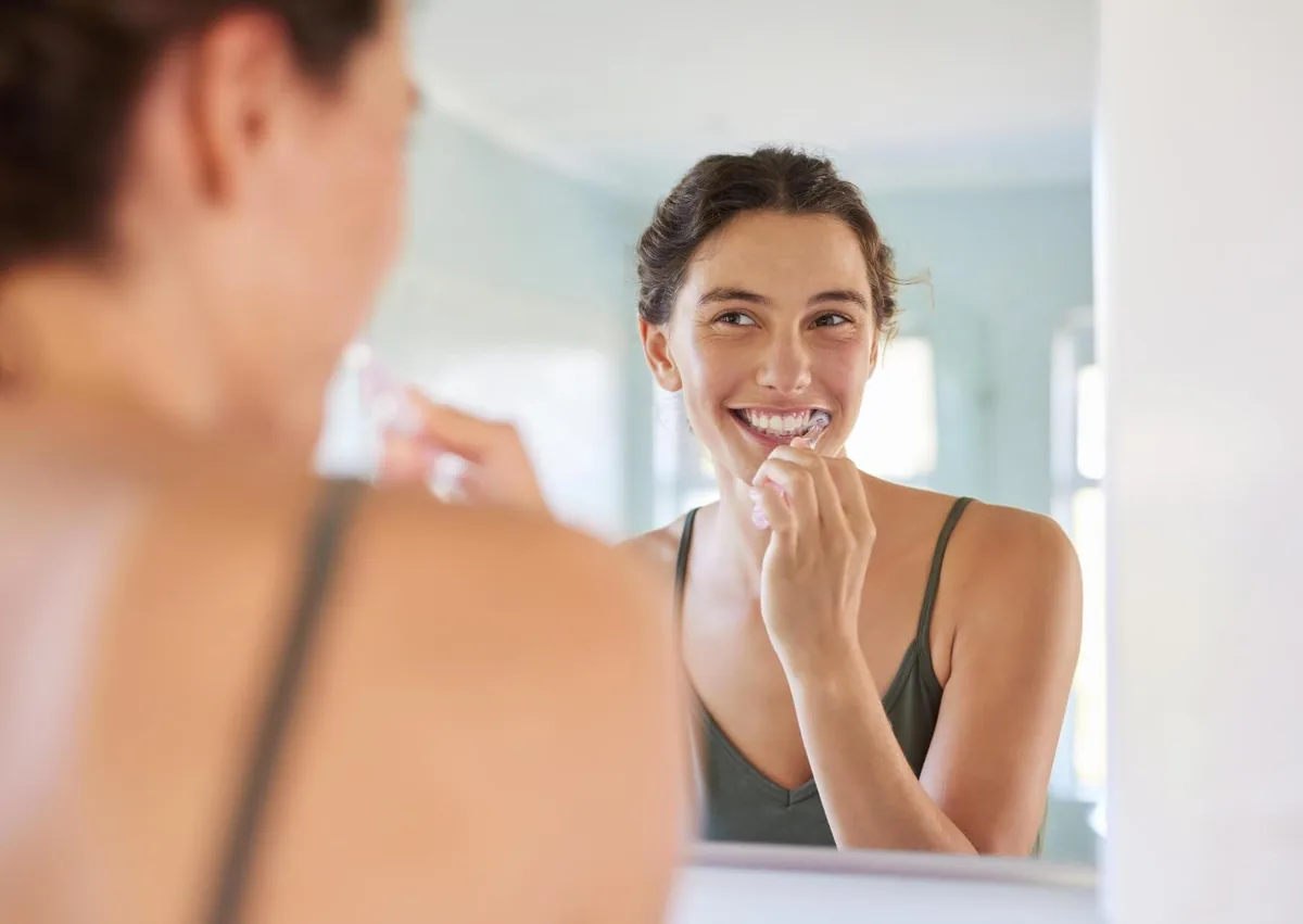 Woman brushing her teeth to maintain oral hygiene and care for porcelain veneers.